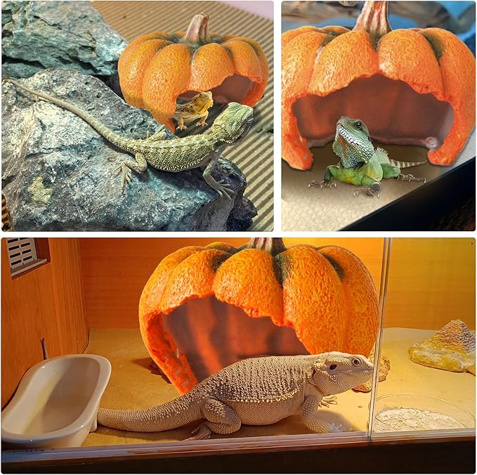 Reptile Resin Pumpkin Hut, Crested Gecko Habitat Hideout Cave Bearded Dragon Hammock Lizard Natural Seagrass Lounger Leopard Gecko Tank Accessories with Jungle Climber Vines for Chameleon(4PCS) MUYG