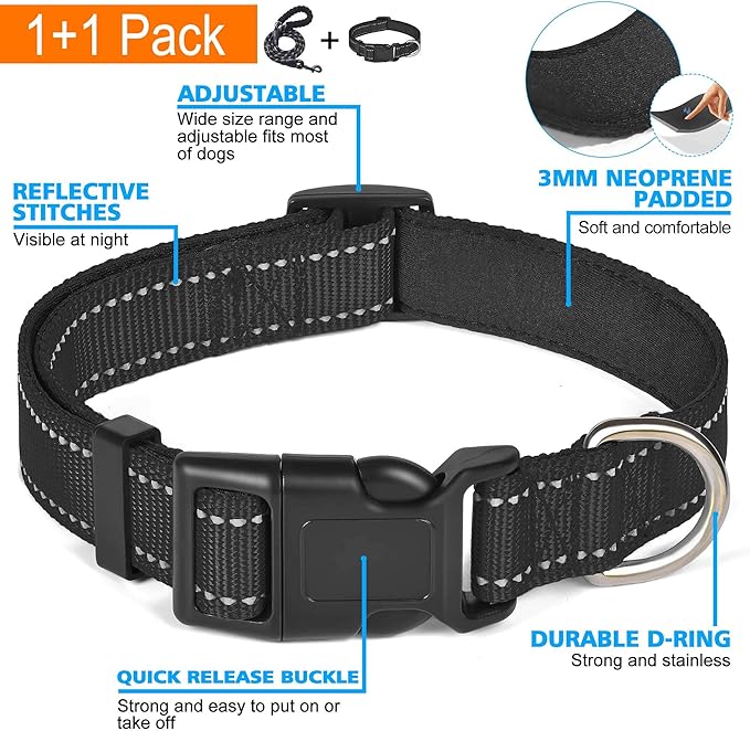 Reflective Dog Collar Padded with Soft Neoprene Breathable Adjustable Nylon Dog Collars for Small Medium Large Dogs (Large (Pack of 1), Black Collar+Leash) ladoogo