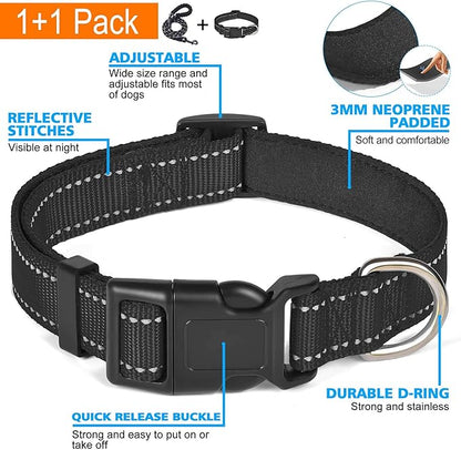 Reflective Dog Collar Padded with Soft Neoprene Breathable Adjustable Nylon Dog Collars for Small Medium Large Dogs (Large (Pack of 1), Black Collar+Leash) ladoogo
