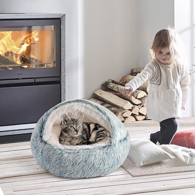 CATISM Cat Bed, Plush Hooded Cat Beds for Indoor Cats, Calming Cat Nest, Self Warming Cat Bed Cave, Cozy Cat Pod for Indoor Cat or Small Dog, Removable Washable Cat Cove with Non-Slip Bottom - PAWPICO