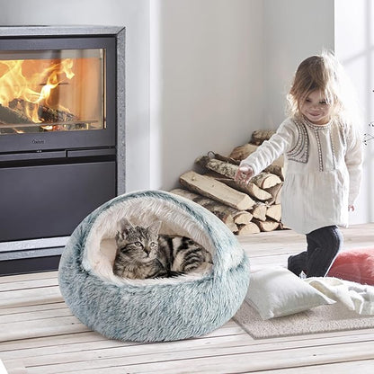 CATISM Cat Bed, Plush Hooded Cat Beds for Indoor Cats, Calming Cat Nest, Self Warming Cat Bed Cave, Cozy Cat Pod for Indoor Cat or Small Dog, Removable Washable Cat Cove with Non-Slip Bottom - PAWPICO