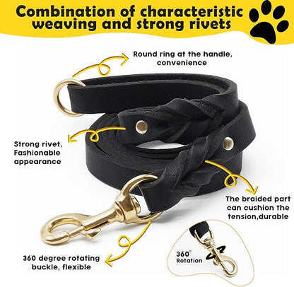 6ft Leather Dog Collar and Leash Set for Heavy Duty Large Dog,Soft and Comfortable Braided Leather Dog Leash Set with Anti-Slip Handle,Long Strong Leather Collar with Metal Lock for Training,Black KILISTEELS