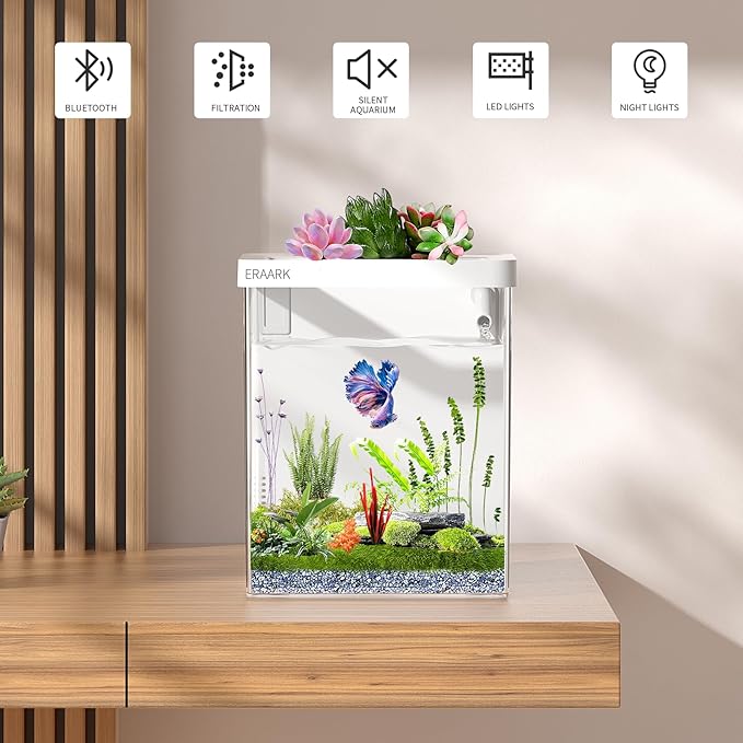 Smart Aquarium kit 1.5 Gallon Betta Fish Tank self Cleaning, Fish Tank with Filter LED Light, Water Pump, Fish Tank Starter Kits (Betta Fish Tank) ERAARK