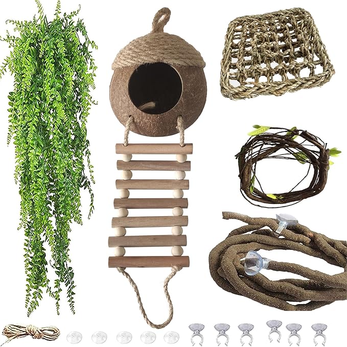 Lizard Coco Den with Ladder,Leopard Gecko Coconut Husk Hut Hideout Home Reptile Hammock Climbing Hanging Plants Decor Habitat Tank Accessories for Bearded Dragon Chameleon Snake Hermit Crab MUYG