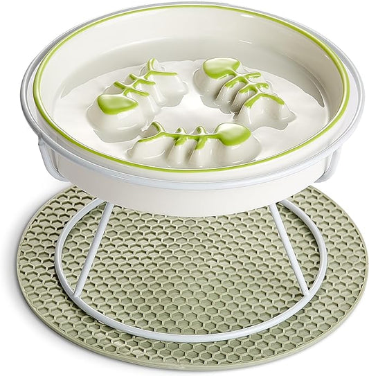 Raised Cat Dog Slow Feeder Bowl with Stand,Elevated Cat Food Bowl Shallow Design,Slow Down Eating Speed of Pets,No Whisker Fatigue Ceramic Cat Puzzy Feeder, Against Bloat,Indigestion, Easy to Clean - PAWPICO