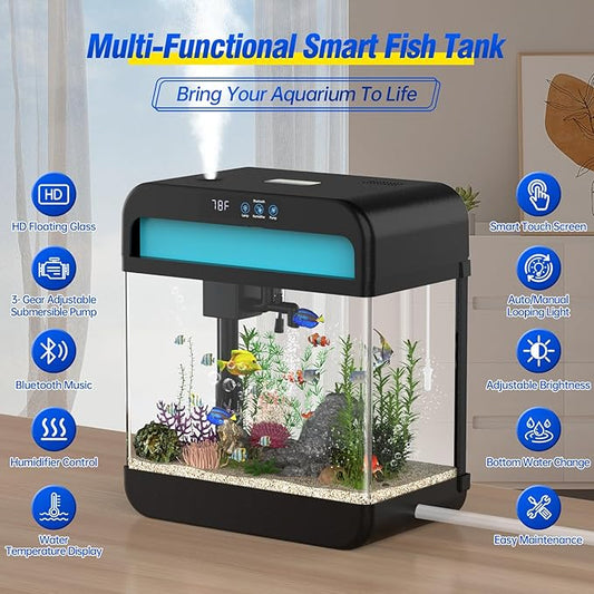 Small Fish Tank Aquarium 2.2 Gallon Glass Fish Tank Starter Kits with Silent Filter Pump, LED Light, humidifier and Betta Fish Tank Wilody