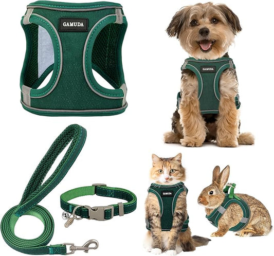 GAMUDA Small Pet Harness Collar and Leash Set, Step in No Chock No Pull Linen Fabric Soft Mesh Dog Vest Harnesses Reflective for Dogs Puppy Cats Kitten Rabbit (Green, L) GAMUDACollarsCollection