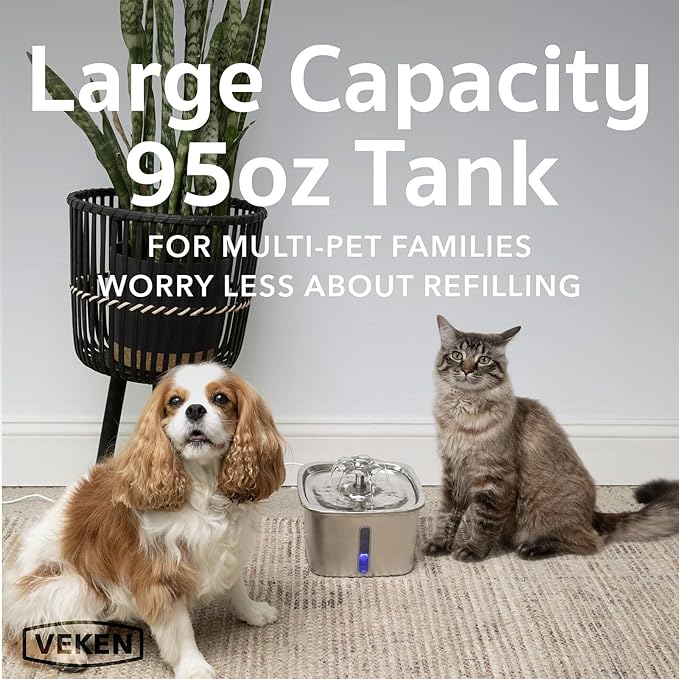 Veken Innovation Award Winner Stainless Steel Cat Water Fountain, 95oz/2.8L Automatic Pet Fountain with 6 Replacement Filters & 6 Pre-Filter Sponges & Silicone Mat for Cats, Dogs (Silver) - PAWPICO