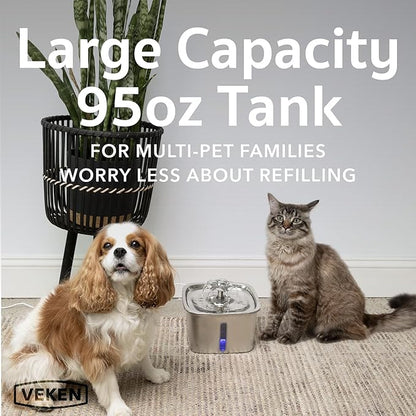 Veken Innovation Award Winner Stainless Steel Cat Water Fountain, 95oz/2.8L Automatic Pet Fountain with 6 Replacement Filters & 6 Pre-Filter Sponges & Silicone Mat for Cats, Dogs (Silver) - PAWPICO