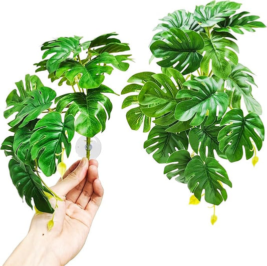Woyrise Reptile Plants for Terrarium, Artificial Hanging Plants with Suction Cups, Amphibian Tank Habitat Decor Plastic Plant for Bearded Dragons Lizards Snake Geckos Frogs - 2Pack Fake Monstera Woyrise