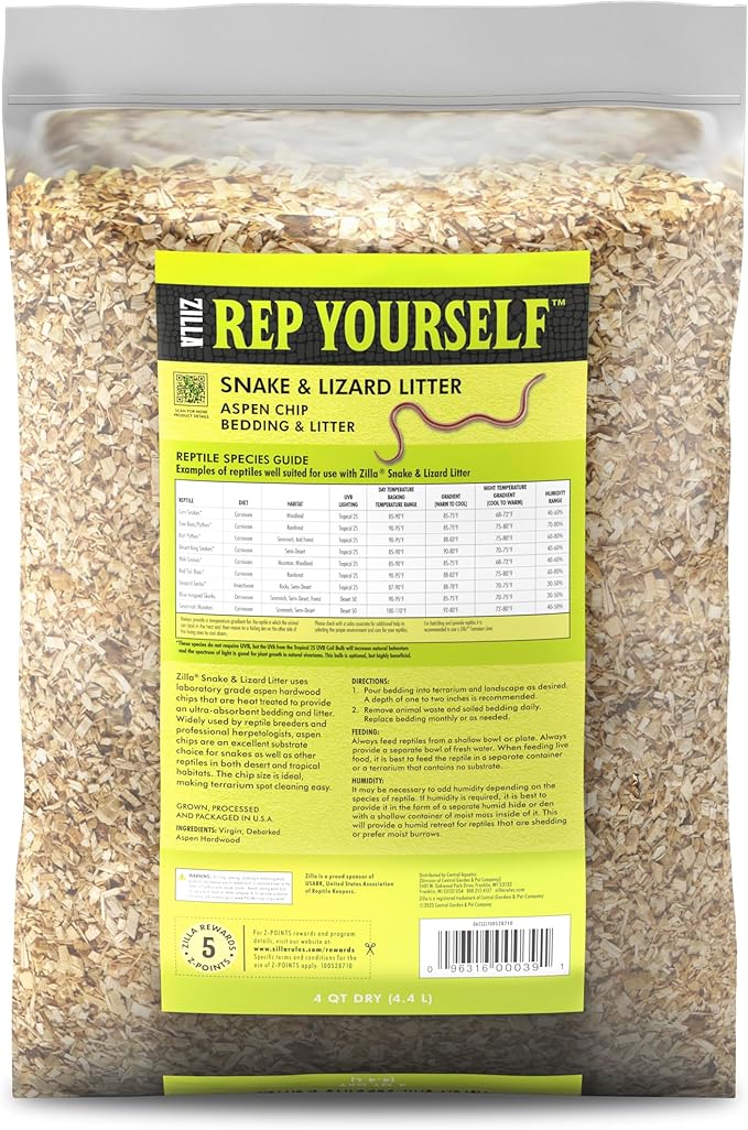 Zilla Snake and Lizard Litter Substrate, Made with Aspen Chips, Ultra Absorbent Bedding, Easy to Clean, 4 Quarts Zilla