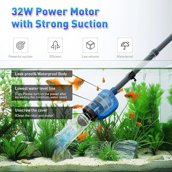 Aquarium Vacuum Gravel Cleaner, 6 in 1 Fish Tank Cleaning Kit,32W Automatic Aquarium Vacuum Gravel Cleaner Set for Change Water Wash Sand Water Filter and Water Circulation HEKIWAY