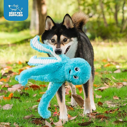 Best Pet Supplies OctoMutant Crinkle Plush Dog Toys for Interactive Play, Puppy and Senior Indoor Play, Colorful Octopus Toy Shape, Soft Head Stuffing, Cute and Cuddly - Turquoise - PAWPICO