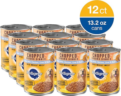 PEDIGREE CHOPPED GROUND DINNER Adult Canned Soft Wet Dog Food Combo with Chicken, Liver & Beef, 13.2 oz. Cans (Pack of 12) - PAWPICO