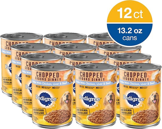 PEDIGREE CHOPPED GROUND DINNER Adult Canned Soft Wet Dog Food Combo with Chicken, Liver & Beef, 13.2 oz. Cans (Pack of 12) - PAWPICO