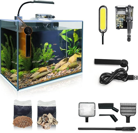3 Gallon Betta Fish Tank Small Aquarium Starter Kit, with Heater Self Cleaning System Efficiency Filter Bright Light Rocks Gravel Cleaning Tool Set, HD Float Complete Glass Leak-Proof Gift Present WONDERFACTORY