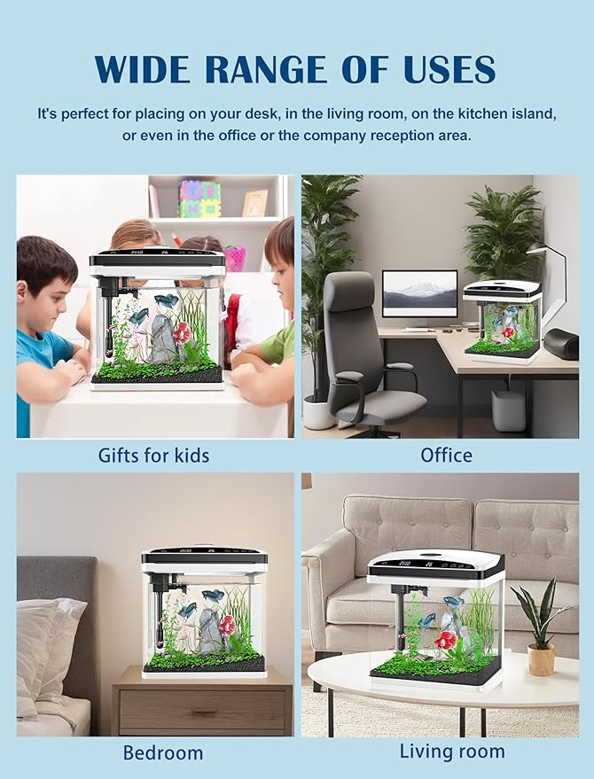 Fish Tank, Aquarium Fish Tank 3 Gallon with SmartClean Technology, 7 Color Light, Temperature Display for Betta Shrimp Guppy Jellyfish Goldfish PAWPICO