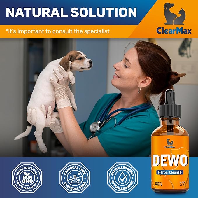 Dewo for Dogs ◆ Cat Dewo ◆ Puppy Dewo ◆ Kitten Dewo ◆ Natural Broad Spectrum Cleanser for Pets ◆ Liquid Dewo for Dogs and Cats ◆ Pet Dewo ◆ Digestive Cleanser ◆ 2 Oz ClearMax