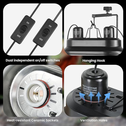 Simple Deluxe Dual Dome Reptile Light Fixture with Separate Switches, Fits Max 160W Reptile Heat Lamp/UVB Light, for Amphibians Terrarium and Tortoise Habitat SimpleDeluxe