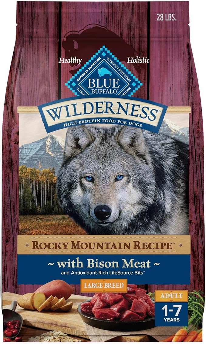 Blue Buffalo Wilderness Rocky Mountain Recipe Natural High-Protein Dry Food for Large Breed Dogs, Bison & Grain, 28-lb bag - PAWPICO