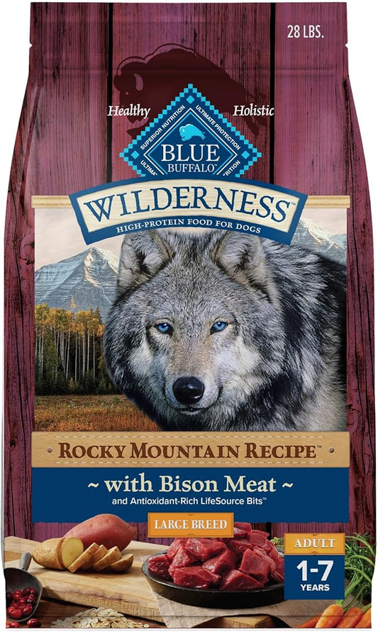 Blue Buffalo Wilderness Rocky Mountain Recipe Natural High-Protein Dry Food for Large Breed Dogs, Bison & Grain, 28-lb bag - PAWPICO
