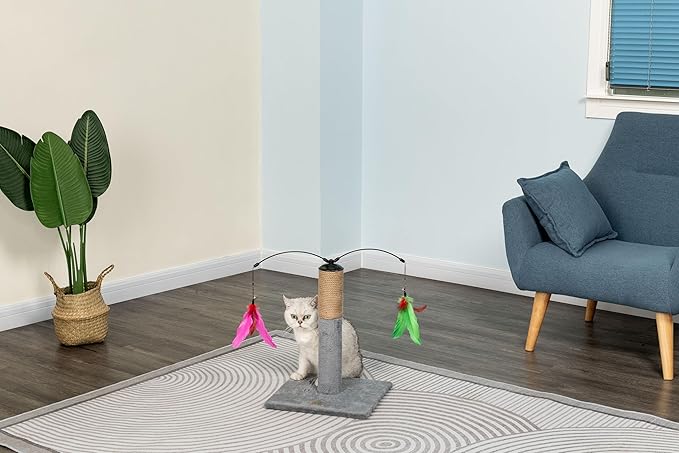 Go Pet Club Everyday Value 19in Scratching Post with Sisal Rope and Interactive Hanging Toy Feather, Gray - PAWPICO