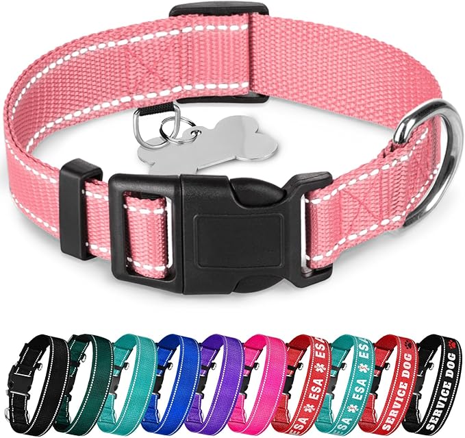 TECEUM Reflective Pet Collar – Pink – L – Basic Nylon Dog Collar – Quick Release Buckle – Fits Small, Medium and Large Dogs, Puppies, Cats – ESA & Service Dog Options TECEUM