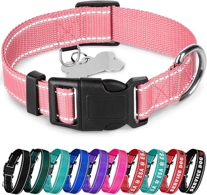 TECEUM Reflective Pet Collar – Pink – L – Basic Nylon Dog Collar – Quick Release Buckle – Fits Small, Medium and Large Dogs, Puppies, Cats – ESA & Service Dog Options TECEUM