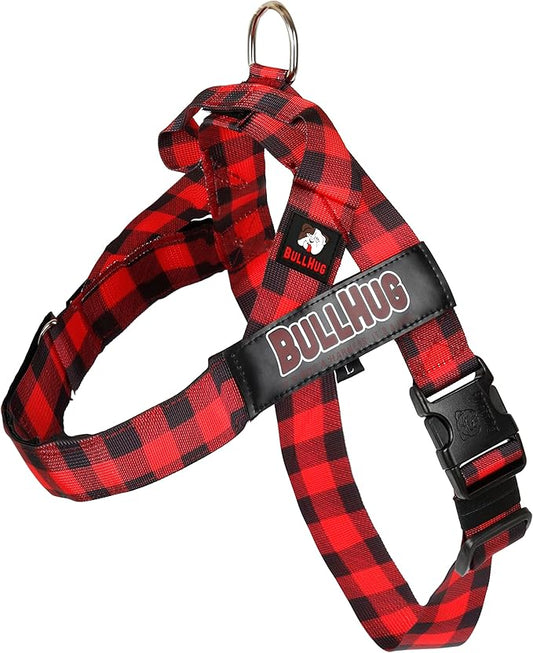 BULLHUG Harness – Made for Larger Chested Dogs Like English Bulldogs, French Bulldogs, Pugs & More. Stops Dogs from Pulling & Choking on Walks (RED Buffalo, Medium) BULLHUG