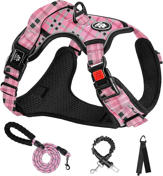 NESTROAD No Pull Dog Harness with Leash, Reflective No Choke Pet Vest Harness,Adjustable Soft Padded Dog Harness with Easy Control Handle for Large Dogs(Checkered Pink,Large) NESTROAD