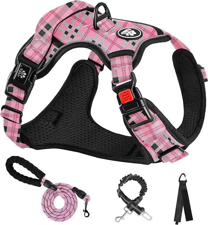 NESTROAD No Pull Dog Harness with Leash, Reflective No Choke Pet Vest Harness,Adjustable Soft Padded Dog Harness with Easy Control Handle for Small Dogs(Checkered Pink,Small) NESTROAD