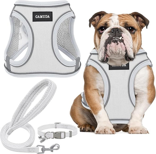 GAMUDA Small Pet Harness Collar and Leash Set, Step in No Chock No Pull Linen Fabric Soft Mesh Dog Vest Harnesses Reflective for Dogs Puppy Cats Kitten Rabbit (White, L) GAMUDACollarsCollection