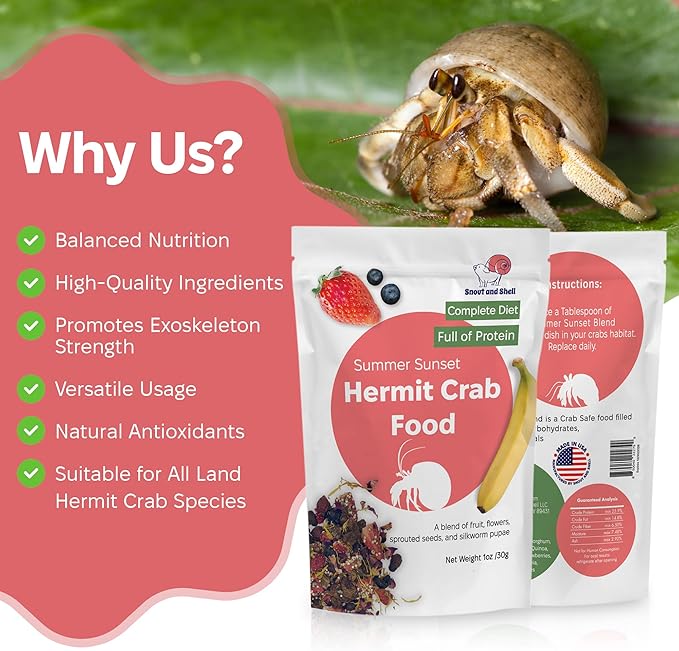 Snout and Shell - Summer Sunset Hermit Crab Food - 1 oz - 30 Grams - Whole Food Diet for Hermit Crabs - Flowers, Bugs and More SNOUTANDSHELL