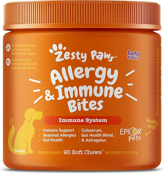 Zesty Paws Dog Allergy Relief- Dog Itching Skin Relief- Dog Probiotics for Itchy Skin and Itchy Ears- Dog Allergy Paw Relief- Dog Allergy Chews- Dog Itch Relief - Dog Skin Allergy Relief - Lamb - 90ct ZestyPaws