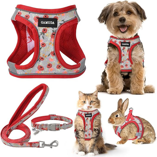 GAMUDA Small Dog Harness Collar and Leash Set, Step in No Chock No Pull Soft Mesh Adjustable Dog Vest Harnesses Plaid Reflective for Dogs Puppy Cats Kitten Rabbit (Red Flower, S) GAMUDACollarsCollection