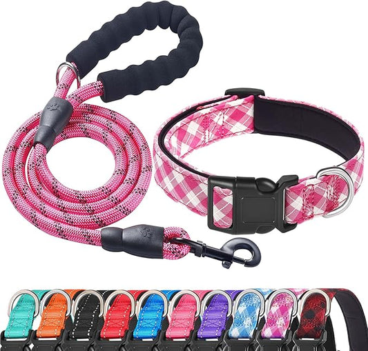 Reflective Dog Collar Padded with Soft Neoprene Breathable Adjustable Nylon Dog Collars for Small Medium Large Dogs (Medium (Pack of 1), Pink Plaid Collar+Leash) ladoogo