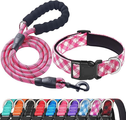 Reflective Dog Collar Padded with Soft Neoprene Breathable Adjustable Nylon Dog Collars for Small Medium Large Dogs (Small (Pack of 1), Pink Plaid Collar+Leash) ladoogo