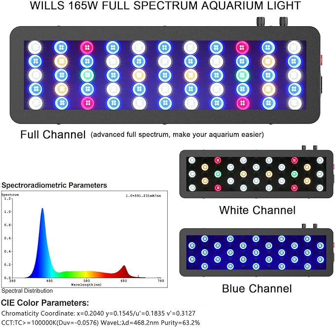 WILLS Aquarium Light, Dimmable Full Spectrum Fish Tank Light with 3 Dimming Modes & 55 Premium SMD Chips, 165W LED Aquarium Plant Light for Saltwater Freshwater Coral Reef (21.3"x6.7"x2.4") WILLS