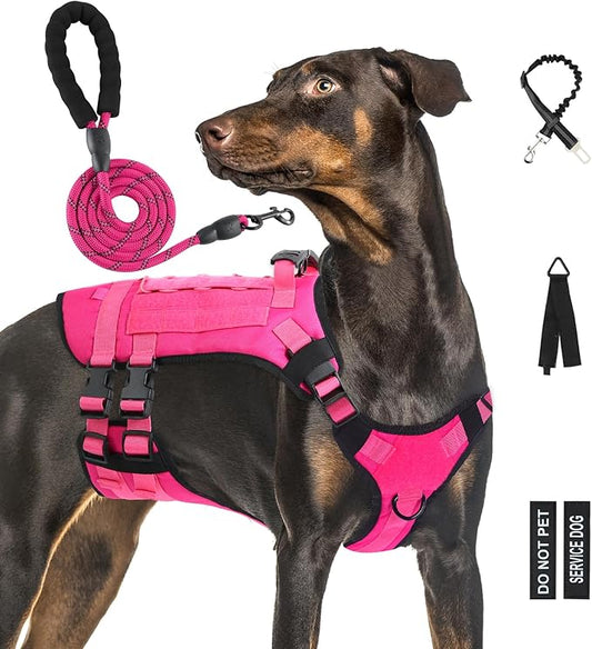 No Pull Tactical Dog Harness for Large Dogs, Escape Proof Molle Dog Vest Harness and Leash Set, Adjustable Military Service Dog Harness with Handle for Medium Large Dogs(L, Pink) Yungaspy
