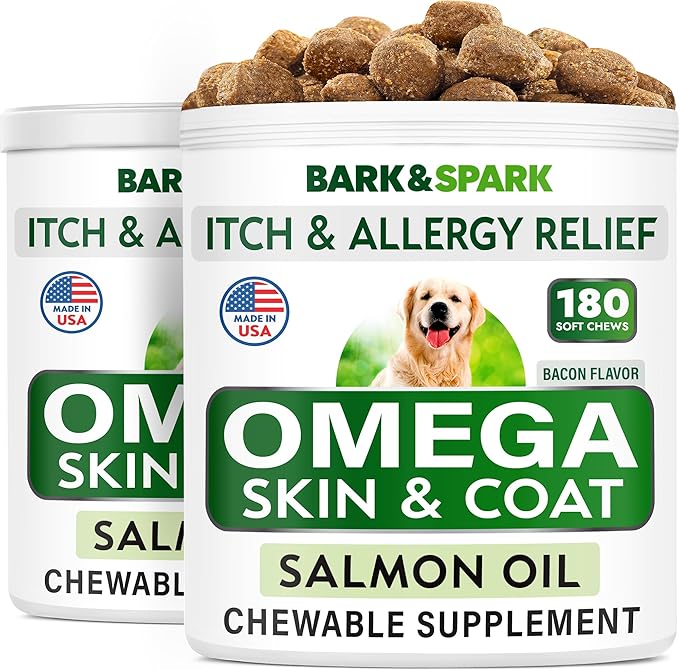 BARK&SPARK Omega 3 for Dogs - 360 Fish Oil Treats for Dog Shedding, Skin Allergy, Itch Relief, Hot Spots Treatment - Joint Health - Skin and Coat Supplement - EPA & DHA Fatty Acids - Salmon Oil -Bacon BARKSPARK