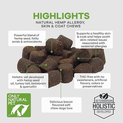 Only Natural Pet Allergy, Skin & Coat Hemp Soft Chews - Allergy Immune Bites for Dogs, Omega 3 Supplement, Hemp Oil - Calming Treats for Itchy Skin Relief, Hot Spot - (60 Count) OnlyNaturalPet