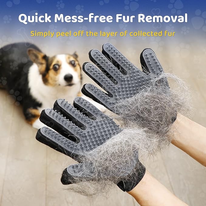 Upgrade Version Pet Grooming Glove - Gentle Deshedding Brush Glove - Efficient Pet Hair Remover Mitt - Enhanced Five Finger Design - Perfect for Dog & Cat with Long & Short Fur - 1 Pair (Gray) - PAWPICO