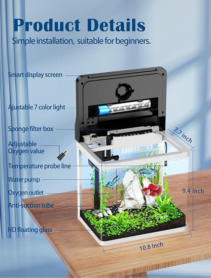 Fish Tank, Aquarium Fish Tank 3 Gallon with SmartClean Technology, 7 Color Light, Temperature Display for Betta Shrimp Guppy Jellyfish Goldfish PAWPICO