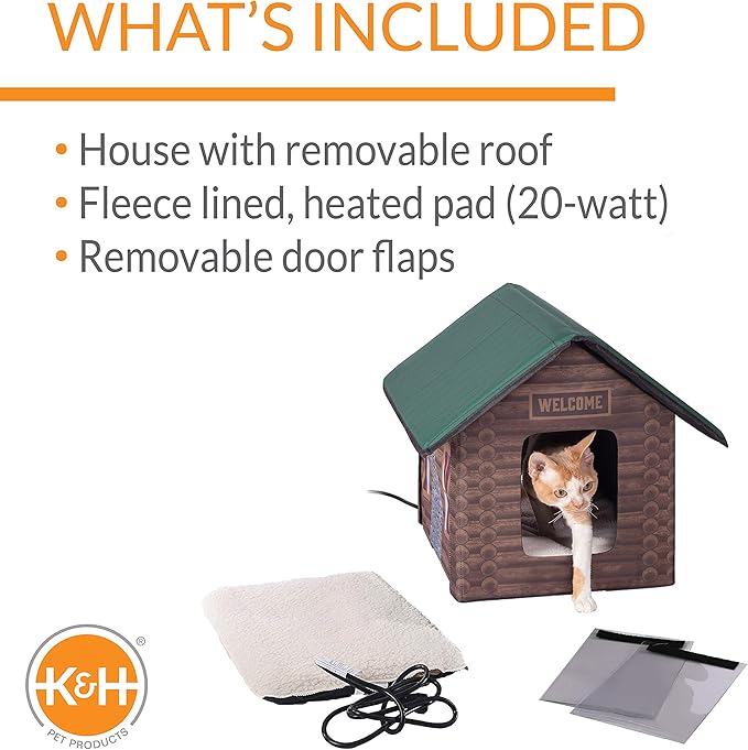 K&H Pet Products Outdoor Heated Kitty House, Outdoor Cat House for Outside Community Cats, Strays, and Ferals, Insulated Shelter, Warming Cold Weather House with Heated Pad for Winter, Cabin Design - PAWPICO