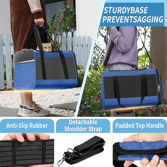 Soft-Sided Top Loading Adult Cat Carrier 20lbs, Yorkie Fabric Collapsible Comfy Cage for Teacup Dog, Easy Entry Maltese Pet Travel Purse, Kitty Carseat Animal Carrying Case Soft Kennel Blue - PAWPICO