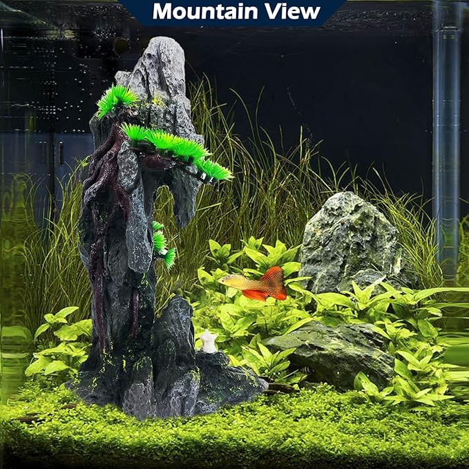 Tall Aquarium Mountain View Stone Decorations Aquarium Ornament Rock Cave Landscape Artificial Mountain Hill View Fish Tank Caves for Betta Hiding Reptile Aquarium Supply VMCN