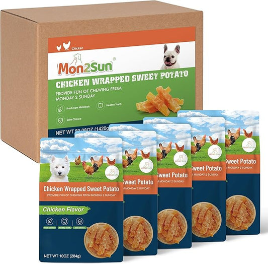 MON2SUN Dog Treats Rawhide Free Chicken Wrapped Sweet Potato Dog Snacks, Gluten & Grain Free, Suitable for Puppy and Small Dogs (Chicken, 10 Ounce - Pack of 5) - PAWPICO
