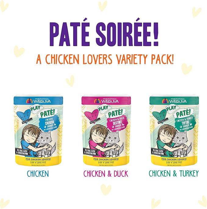 Weruva B.F.F. Play - Best Feline Friend Paté Lovers, Aw Yeah!, Paté Soiree! Variety Pack, 3oz Pouch (Pack of 12) - PAWPICO
