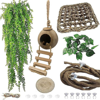 Grested Gecko Coconut Hut with Ladder,Leopard Gecko Coconut Hide Lizards Hanging Coco Den Cave Reptile Hammock Reptiles Tank Accessories Climbing Hanging Plants Jungle Vine Flexible Leaves Decor MUYG