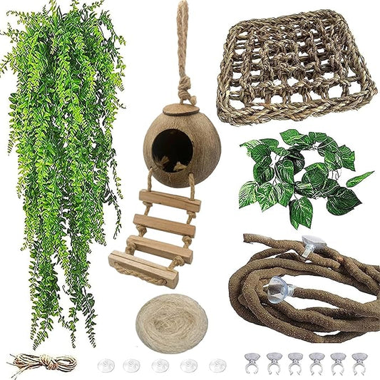 Grested Gecko Coconut Hut with Ladder,Leopard Gecko Coconut Hide Lizards Hanging Coco Den Cave Reptile Hammock Reptiles Tank Accessories Climbing Hanging Plants Jungle Vine Flexible Leaves Decor MUYG